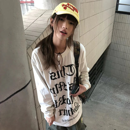 Cathy Dollette Japanese  Letter Print  2000s Style Long Sleeve T Shirt Vintage Harajuku White Loose TopAmerican Retro 90s