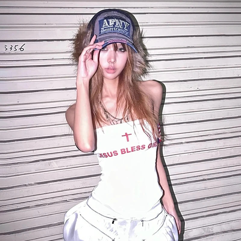 Cathy Dollette Grunge s Letter Print Corset Trashy 2000s Style Tube Top Japanese  Irregular Tank Top White American Retro