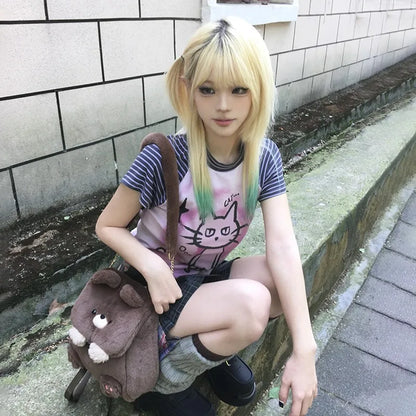 Cathy Dollette Japanese  T Shirt Trashy 2000s Kitten Print s Grunge s Short Sleeve Patchwork TopVintage Harajuku