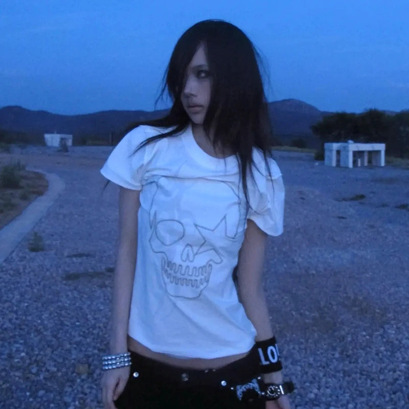 Cathy Dollette Grunge s Skull Print  Trashy 2000s Style Short Sleeve Tee Shirt Japanese  Streetwear Gothic Vintage