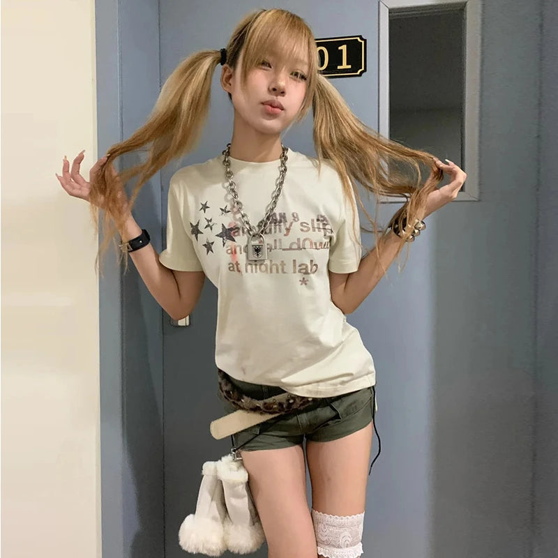 Cathy Dollette Japanese  T Shirt Short Sleeve Print Graphic Top2000s  Grunge Top Korean Style Retro Tee Top