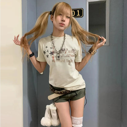 Cathy Dollette Japanese  T Shirt Short Sleeve Print Graphic Top2000s  Grunge Top Korean Style Retro Tee Top