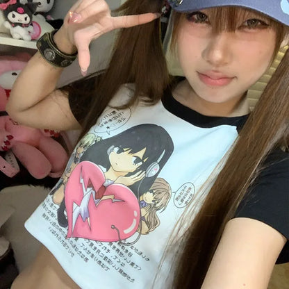 Cathy Dollette Japanese  Anime Print Crop Top Trashy 2000s Graphic T Shirts Harajuku Short Sleeve Patchwork  Korean Popular