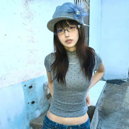 Cathy Dollette Korean Style Print Graphic TopSlim Polka Dot Crop Short Sleeve  Vintage T Shirts  Japanese 2000s Tshirt