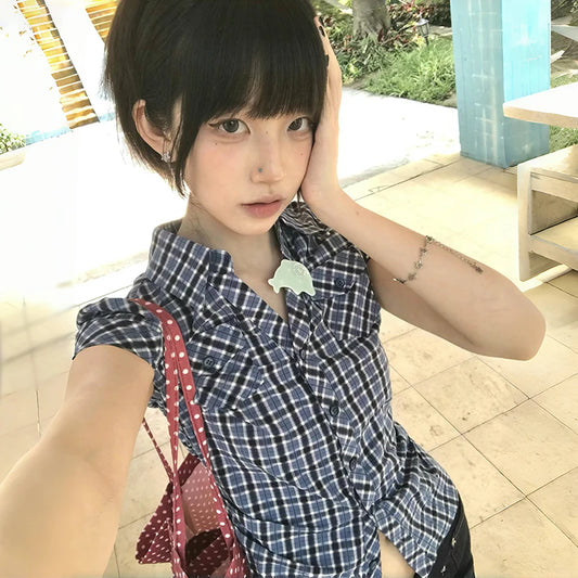 Cathy Dollette Plaid V-Neck Short Sleeve Blouse