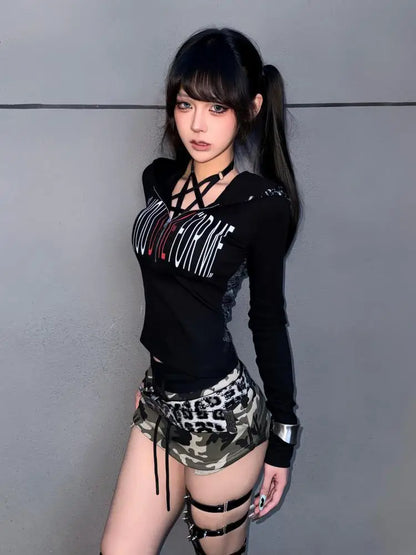 Cathy Dollette Black Hooded Gothic T Shirt  Clothes Long Sleeve Autumn Top2000s Clothes  Graphic T Shirts Tees Female Chic