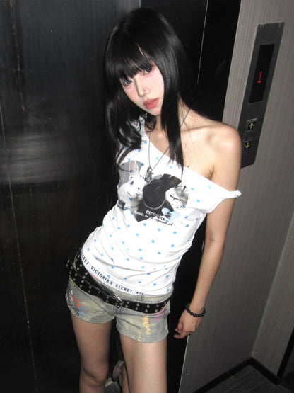 Cathy Dollette Harajuku Print T Shirt  Off Shoulder Slim  Vintage Crop Top2000s Japanese Graphic Top Grunge Top