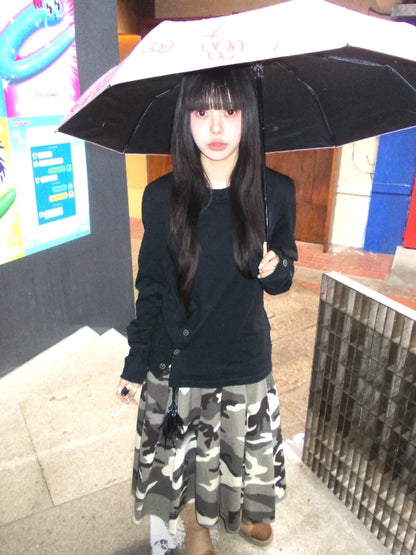 Cathy Dollette American Retro Print Graphic TopLong Sleeve Button  Grunge TopJapanese 2000s E-girls Tee TopAutumn
