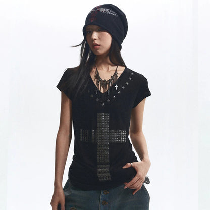 Cathy Dollette Grunge s Metal Cross-print  Trashy 2000s Style V-neck Sheer Top Vintage Gothic Streetwear American Retro
