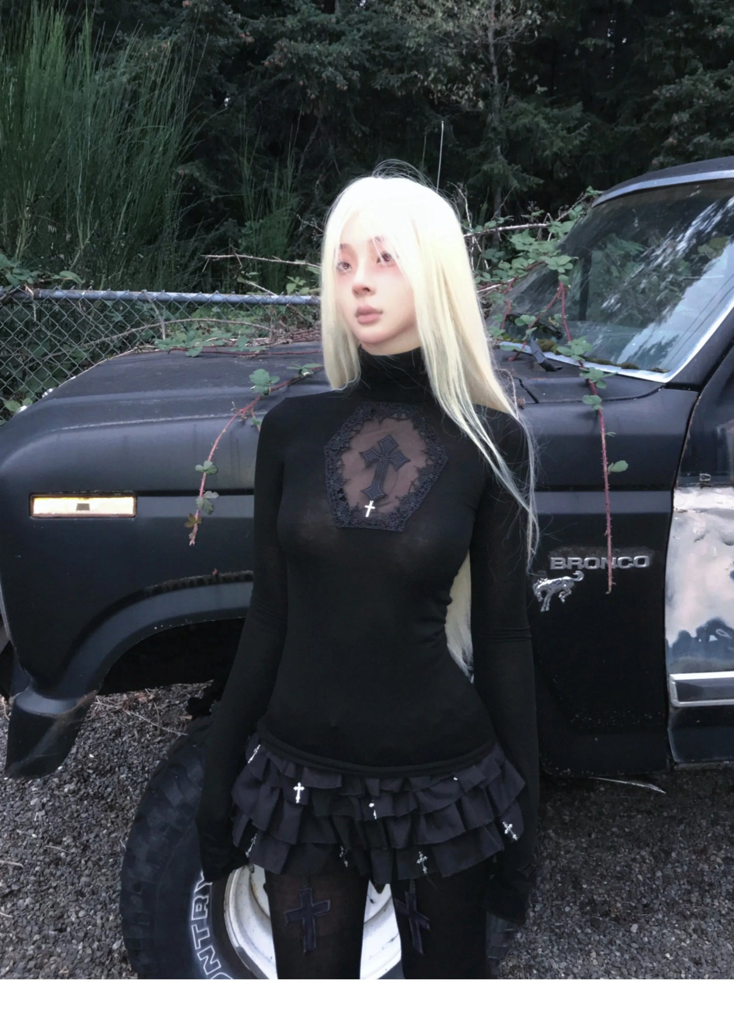 Cathy Dollette Gothic T Shirt  Hollow Out Turtleneck Y2 Vintage Crop Top Japanese 2000s Grunge Top Tshirt