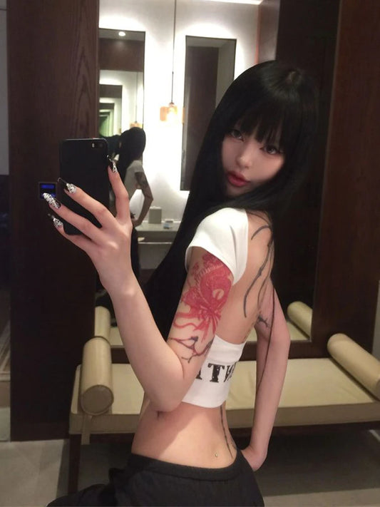 Cathy Dollette Hotsweet Backless Graphic T Shirts Short Sleeve Print Letter Summer TopSlim 2000s Clothes  Tees Female Clothing