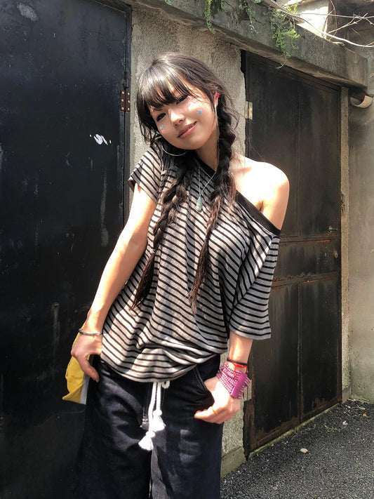 Cathy Dollette  Japanese T Shirt  Striped Off Shoulder Grunge Top 2000s  Tshirts American Retro TopTee