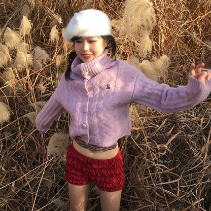 Cathy Dollette Japanese  Turtleneck Cardigans Vintage Korean Style Knitted Sweater 2000s s Pink Winter Knitwear Harajuku