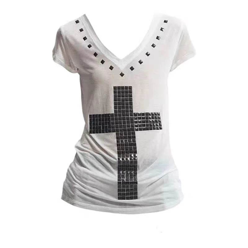 Cathy Dollette Patchwork V Neck Gothic Cross Graphic T Shirts Woman Clothes 2000s  Summer TopTees Female Clothing Japan Style Goth