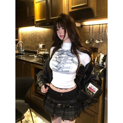 Cathy Dollette Harajuku Print T Shirt  Skinny Turtleneck Crop TopLace  Aesthethic Vintage Tshirts Streetwear Grunge Tops