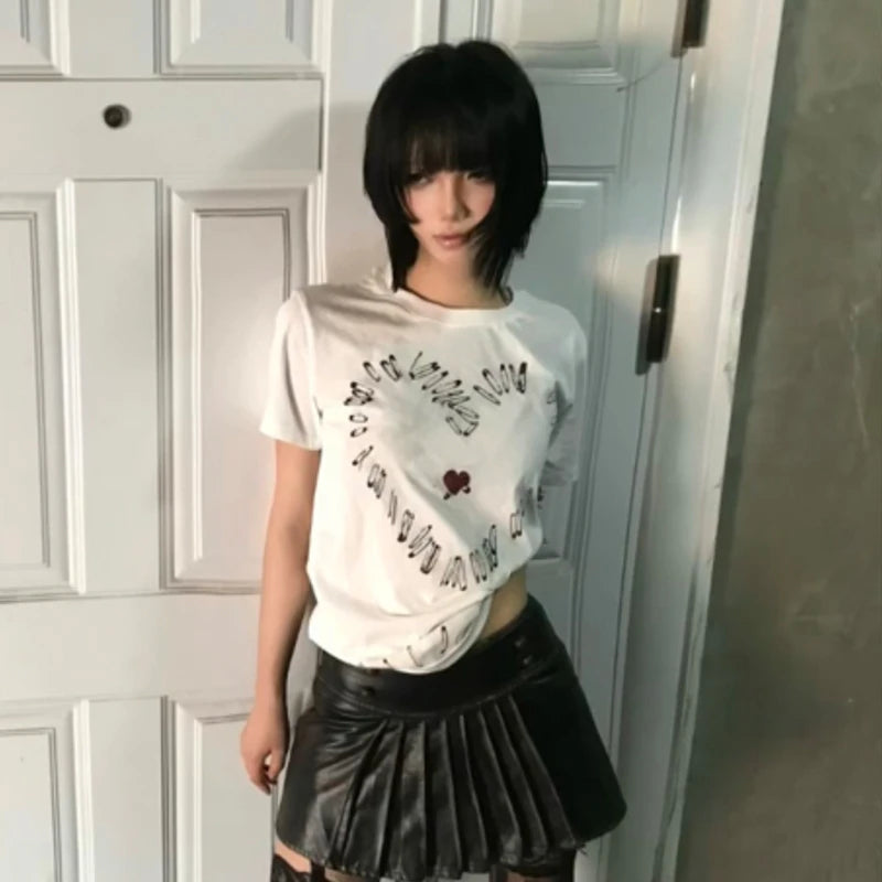 Cathy Dollette Japanese  Heart print  Trashy 2000s Style Short Sleeve Tee Shirt Vintage Harajuku Streetwear Grunge s