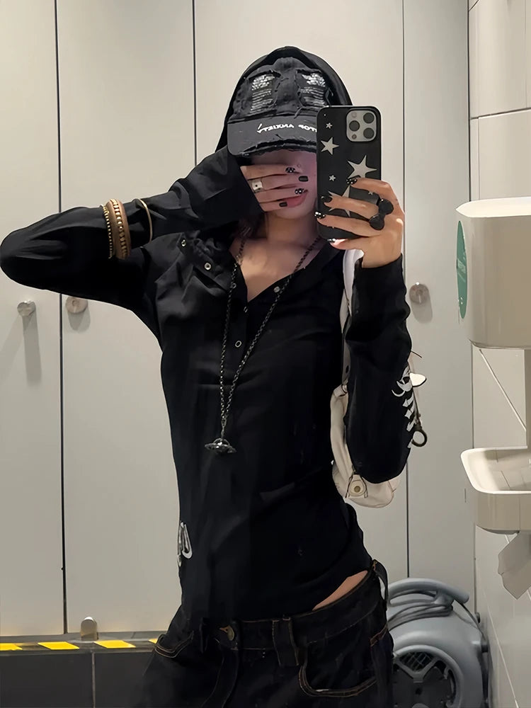 Cathy Dollette  Vintage T Shirt  See Through Hoody Crop TopSlim Print Graphic Top2000s Japanese Grunge TopE-girls Tees