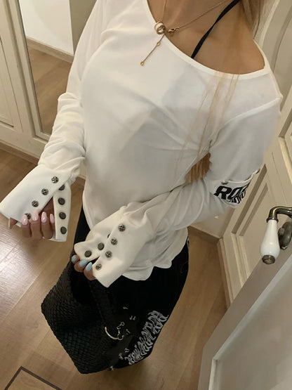 Cathy Dollette American Retro Print   Long Sleece Button Graphic Top Top2000s Japanese Grunge TopE-girls Autumn