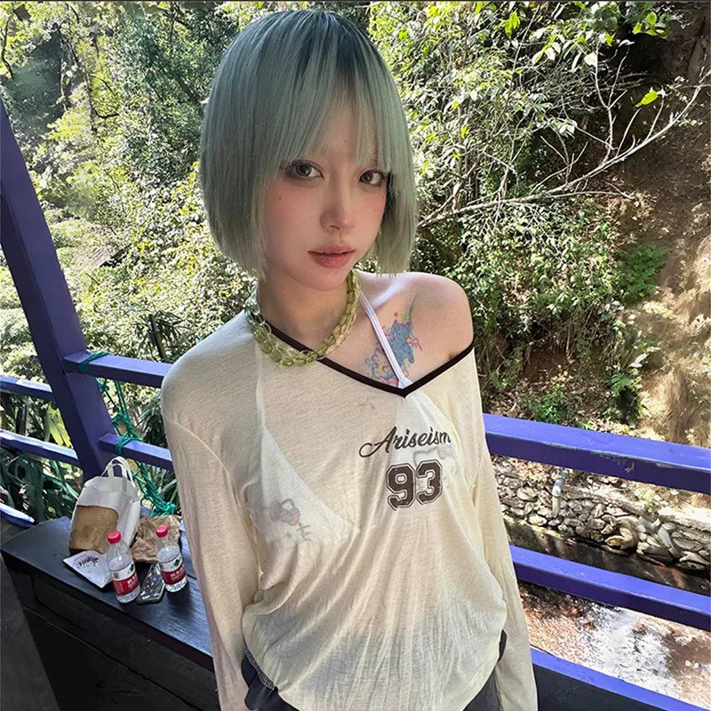 Cathy Dollette Japanese  Sheer TopVintage 2000s Style See Through  Harajuku s Letter Print V-neck Top American 90s