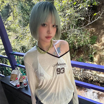 Cathy Dollette Japanese  Sheer TopVintage 2000s Style See Through  Harajuku s Letter Print V-neck Top American 90s