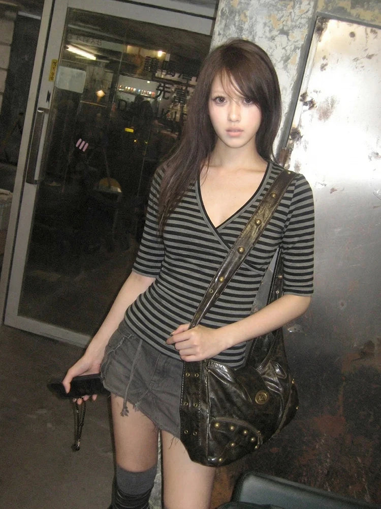 Cathy Dollette Slim V Neck  Gray and Black Striped Top