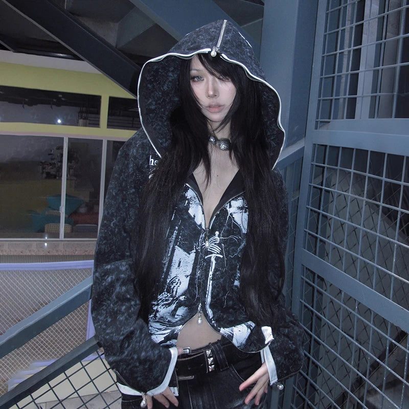 Cathy Dollette Grunge s Tattoo Print Jacket Vintage  Distressed Hooded Outerwears Trashy 2000s Style Zipper Coat American