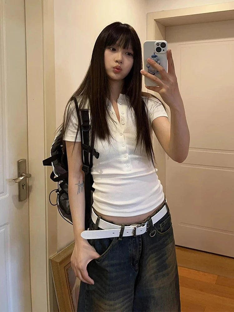 Cathy Dollette Hotsweet Solid T Shirt  Clothes Buttton Short Sleeve Slim Summer TopKorean Fashion 2000s Clothes  Tees Female