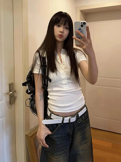 Cathy Dollette Hotsweet Solid T Shirt  Clothes Buttton Short Sleeve Slim Summer TopKorean Fashion 2000s Clothes  Tees Female