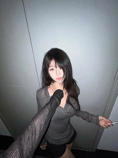 Cathy Dollette Bandage V-neck 's  Long Sleeve Korean Fashion Slim See Through 2000s Clothes  Tees Female Clothing Chic