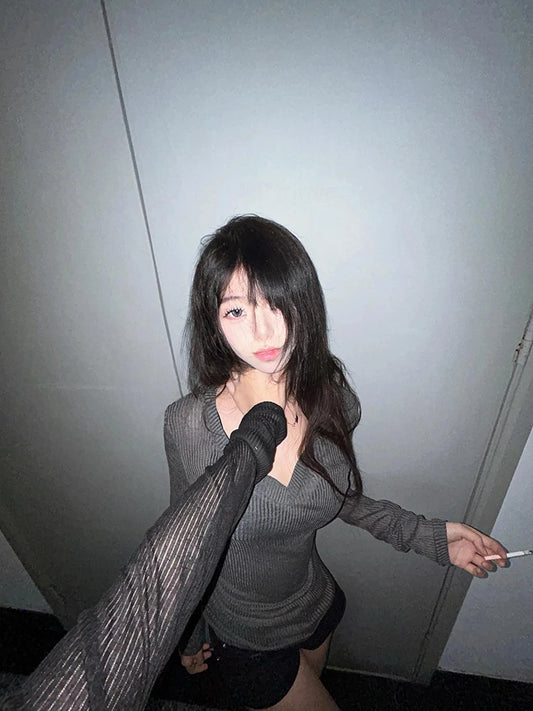 Cathy Dollette Bandage V-neck 's  Long Sleeve Korean Fashion Slim See Through 2000s Clothes  Tees Female Clothing Chic