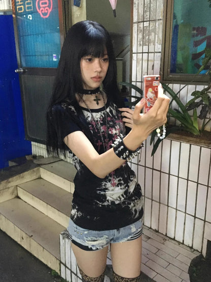 Cathy Dollette Gothic Graphic T Shirts Woman Clothes Short Sleeve Japan Style 2000s Clothes  Summer TopBlack Tees Female Clothing