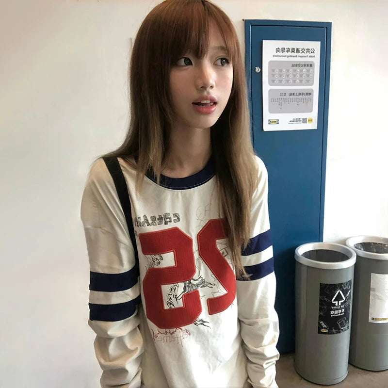 Cathy Dollette Japanese  Number Print  2000s s Long Sleeve Jersey TopVintage Harajuku Streetwear American Retro