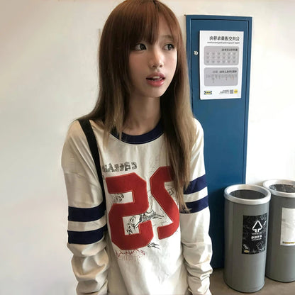 Cathy Dollette Japanese  Number Print  2000s s Long Sleeve Jersey TopVintage Harajuku Streetwear American Retro