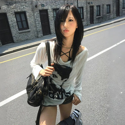 Cathy Dollette Japanese  Graffiti Print TopTrashy 2000s Oversized  High Street Grunge Lazy Style Streetwear American Retro