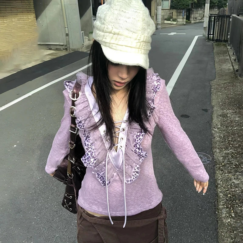 Cathy Dollette Japanese  Ruffles Knitted TopVintage Harajuku Long Sleeve V-neck Knit  Trashy 2000s Lace-up Purple Knitwear