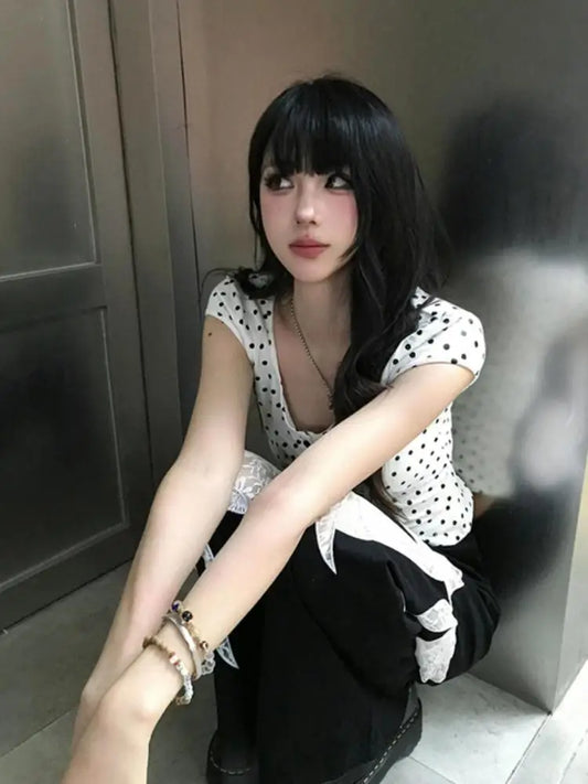 Cathy Dollette Polka Dot Short Sleeve  T Shirt Hotsweet 2000s Clothes  Korean Fashion Tees Female Clothing Slim Summer Tops