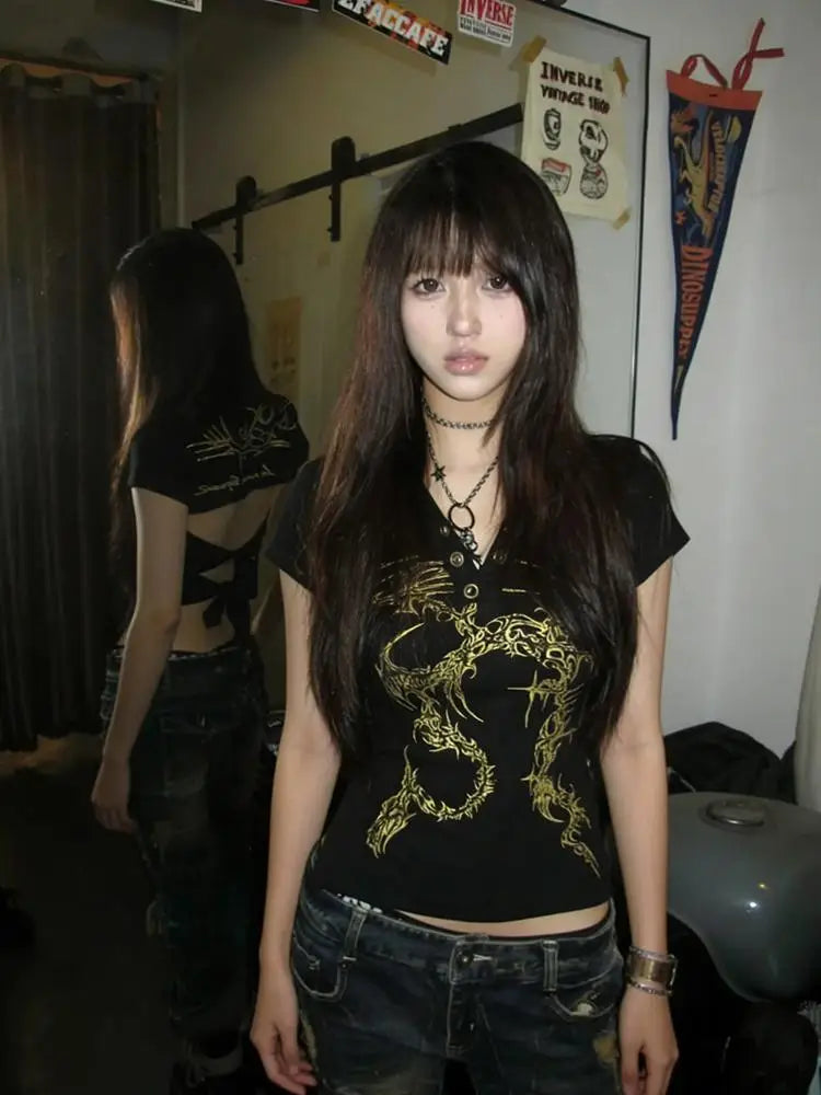 Cathy Dollette Gothic Vintage T Shirt  Turn Down Collar Crop TopBackless Lace Up  Print Tshirt  Japanese 2000s Graphic Tops