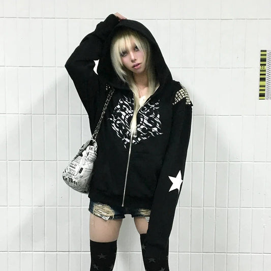 Cathy Dollette Black Rivet Studded Star Patch Zip-Up Hoodie Jacket