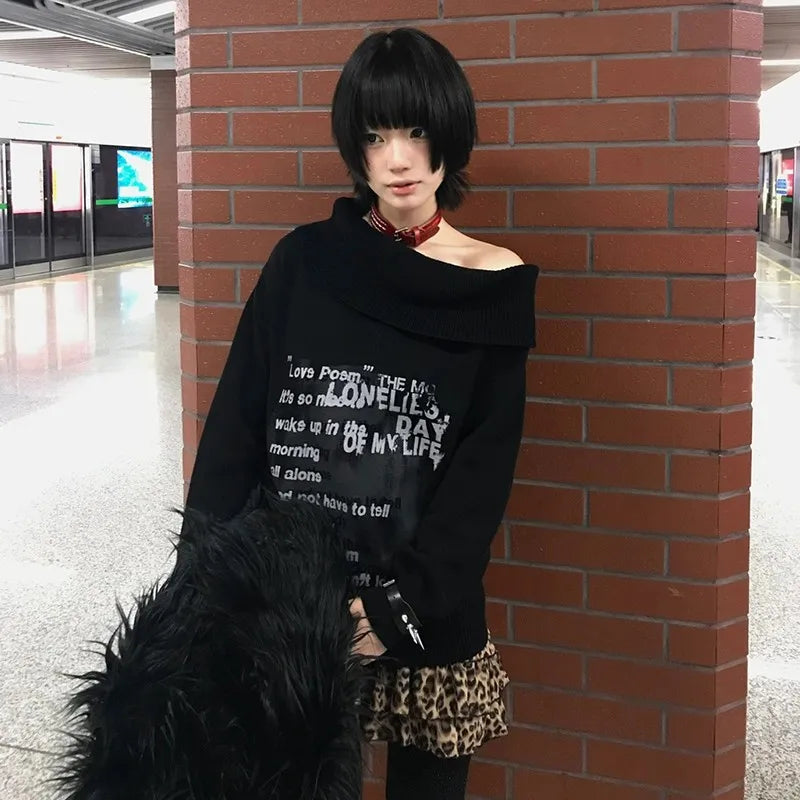 Cathy Dollette Japanese  Off Shoulder Sweater Grunge s Slash Neck Knitted Pullovers 2000s Vintage Korean Black Knitwear