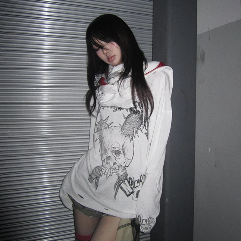 Cathy Dollette Grunge s Skull Print  Trashy 2000s Style Distressed TopVintage Punk Long Sleeve   Gothic Emo
