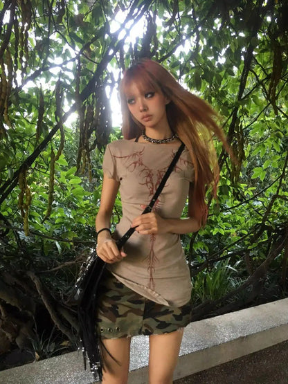 Cathy Dollette Gothic Back Graphic T Shirts Short Sleeve 2000s Clothes  Print Slim Goth Summer TopTees Female Clothing