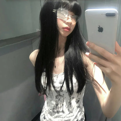 Cathy Dollette Japanese  Camisole Trashy 2000s Irregular Tank Top Cyber Punk Print Cami TopGrunge s Slim Tanktop Harajuku