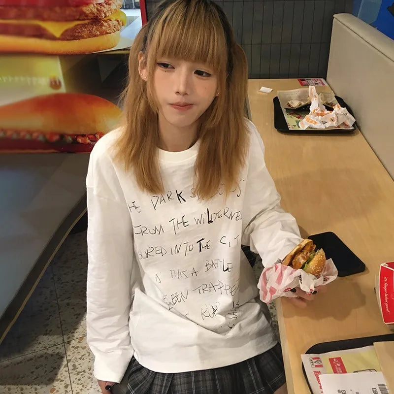 Cathy Dollette Japanese  Letter Print  Trashy 2000s Style Long Sleeve Tee Shirt Vintage Harajuku White Top American Retro 90s
