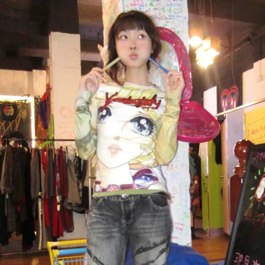 Cathy Dollette Japanese  Anime Print  2000s s Long Sleeve Tee Shirt Vintage Harajuku Slim TopKawaii Lolita T Shirt