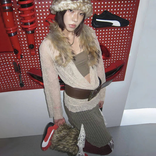 Cathy Dollette Japanese  Lace TopVintage Harajuku Fur Collar Knit Top2000s s Hollow Out Long Sleeve  American