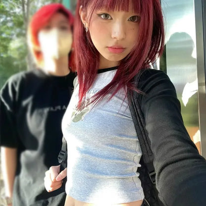 Cathy Dollette Japanese Hrajuku Crop Top s Patchwork  00s Grunge Slim TShirt Kawaii Fairycore 2000s Clothes E-girl