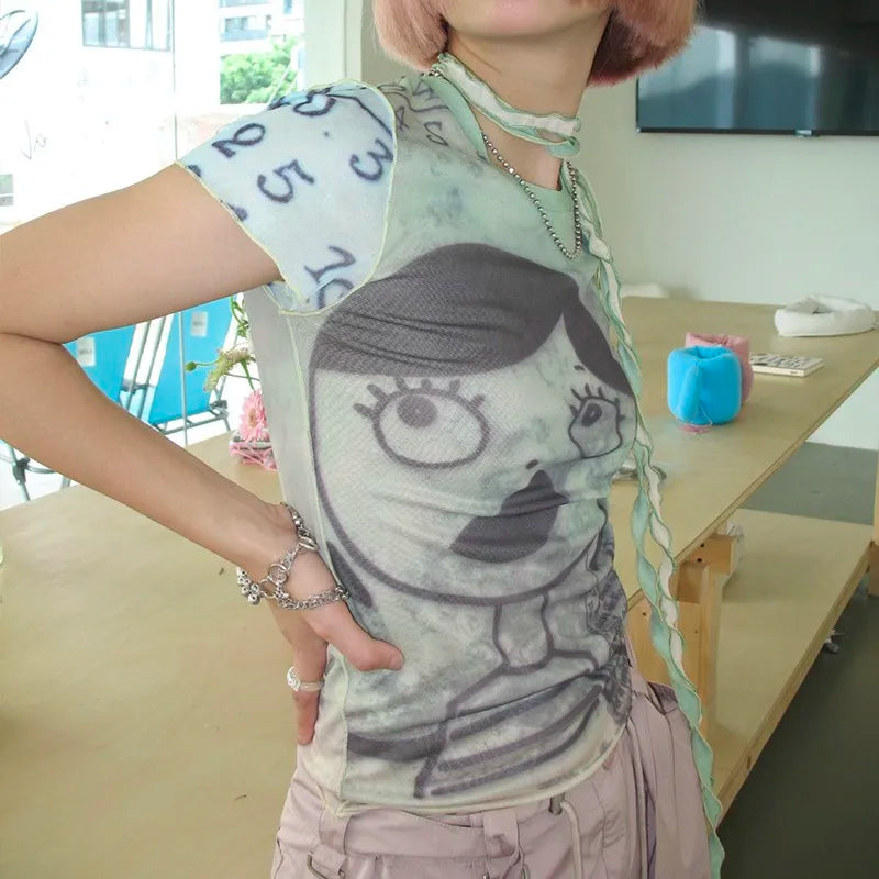 Cathy Dollette Grunge s Mesh Top Cyber Graphic  Harajuku Fairycore Bandage Crop Top 2000s E-girls Sheer TopChic