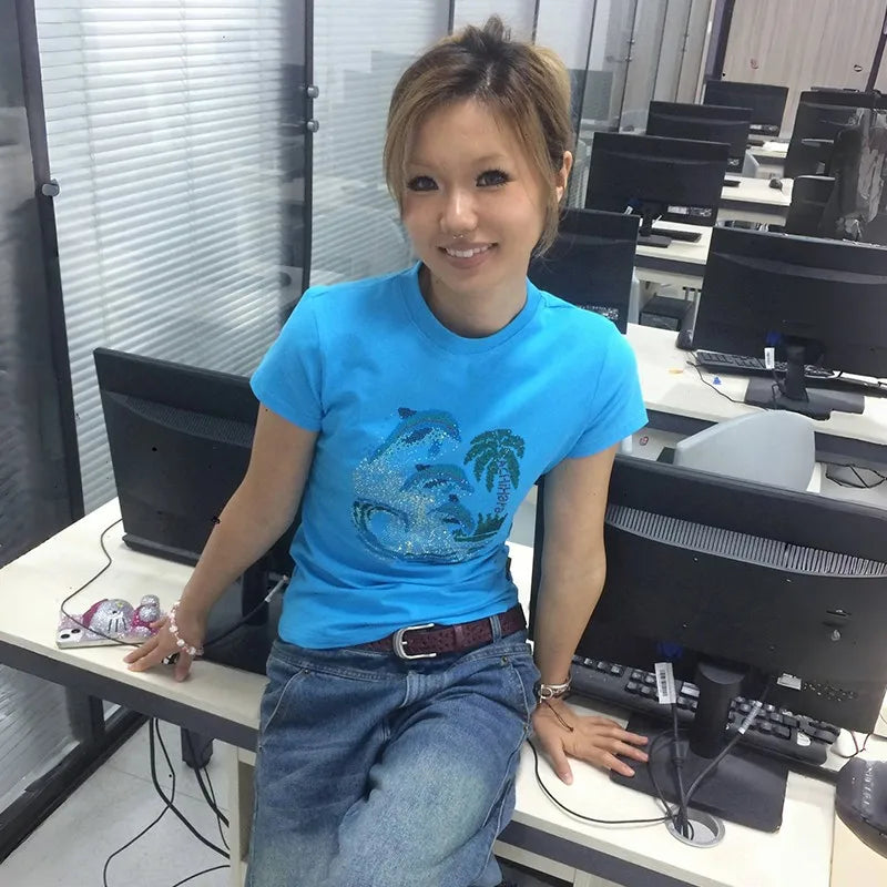 Cathy Dollette Japanese  Rhinestones  Vintage Harajuku Diamond Print T Shirts Trashy 2000s s Blue Tee Shirt Grunge