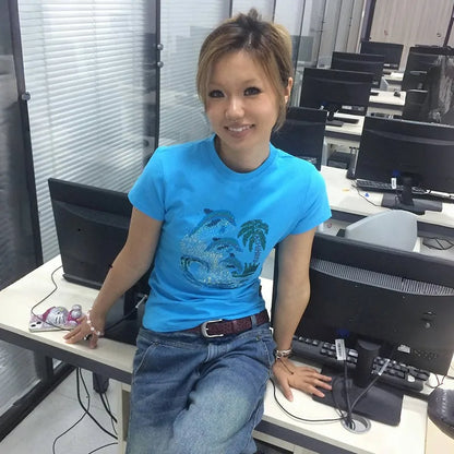 Cathy Dollette Japanese  Rhinestones  Vintage Harajuku Diamond Print T Shirts Trashy 2000s s Blue Tee Shirt Grunge