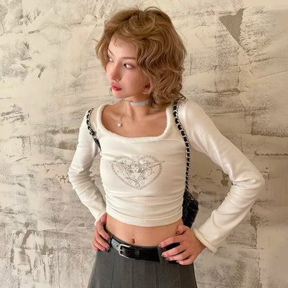 Cathy Dollette Fairycore Patchwork TopKawaii Angel Print T Shirt Japanese Harajuku Cute Crop Top s Clothes E-girl 2000s